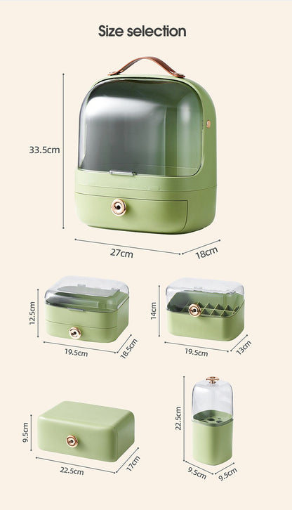 Cosmetic storage organizer arranged on a vanity

