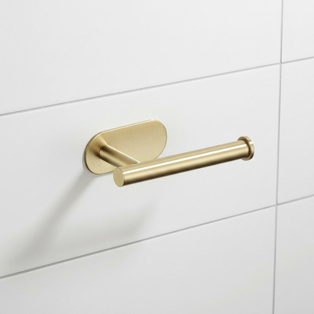 No-drill adhesive toilet paper holder
