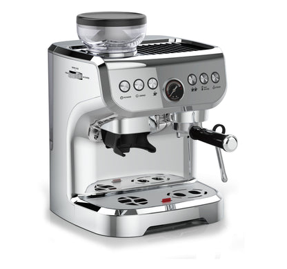 Silver espresso machine on a white background