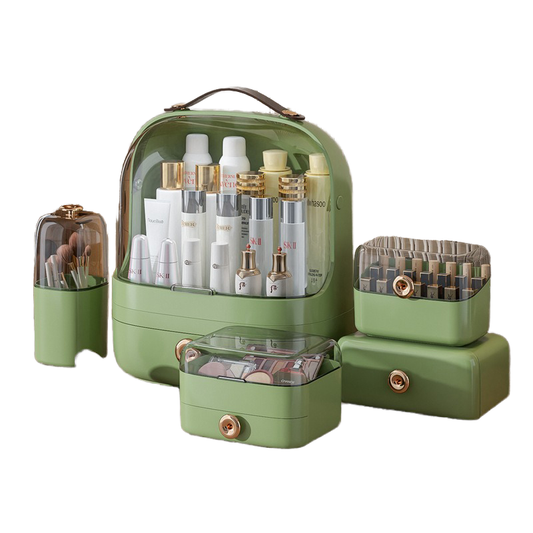 5-piece makeup organizer set with clear protective cover
