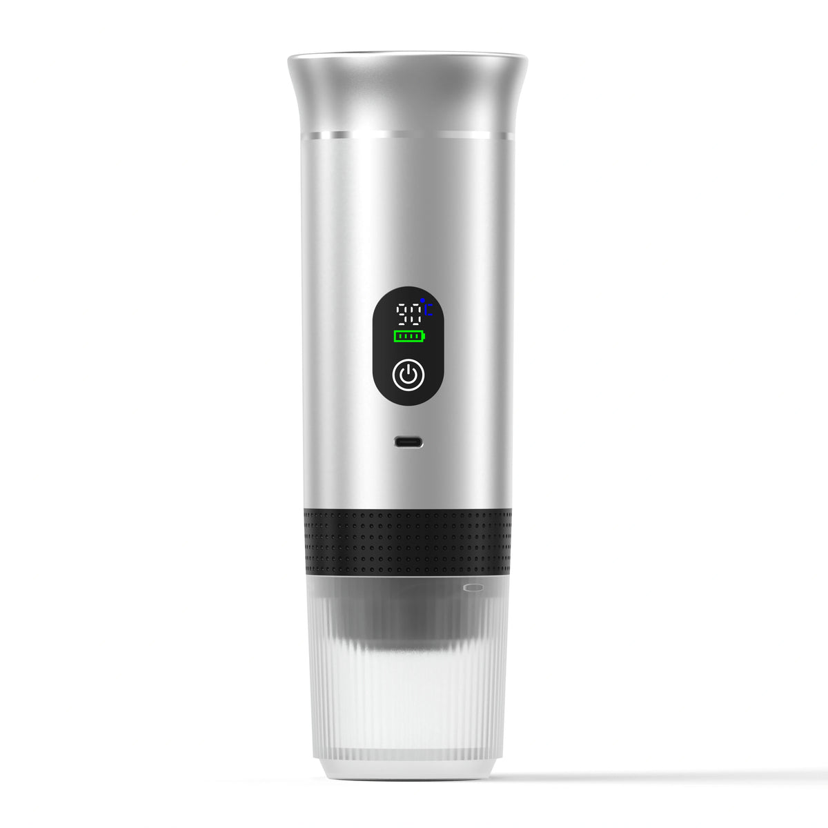 Silver and black portable espresso machine with digital display
