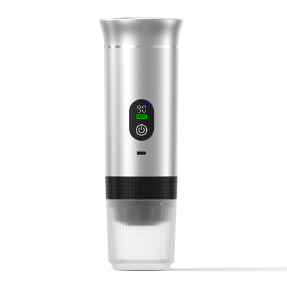 Silver and black portable espresso machine with digital display
