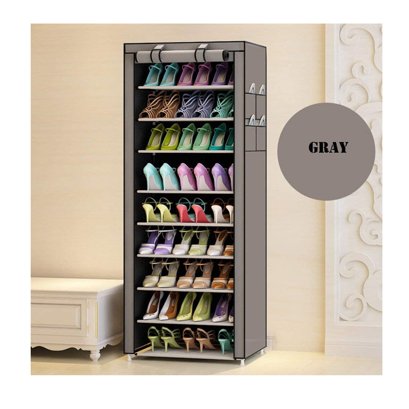10-tier shoe organizer rack holding multiple pairs of shoes
