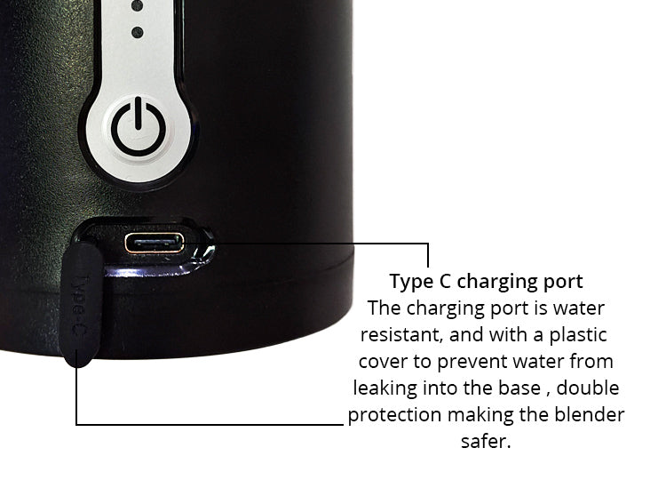 Black blender with Type C charging port labeled on a white background