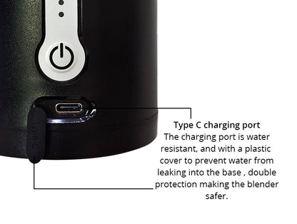 Black blender with Type C charging port labeled on a white background
