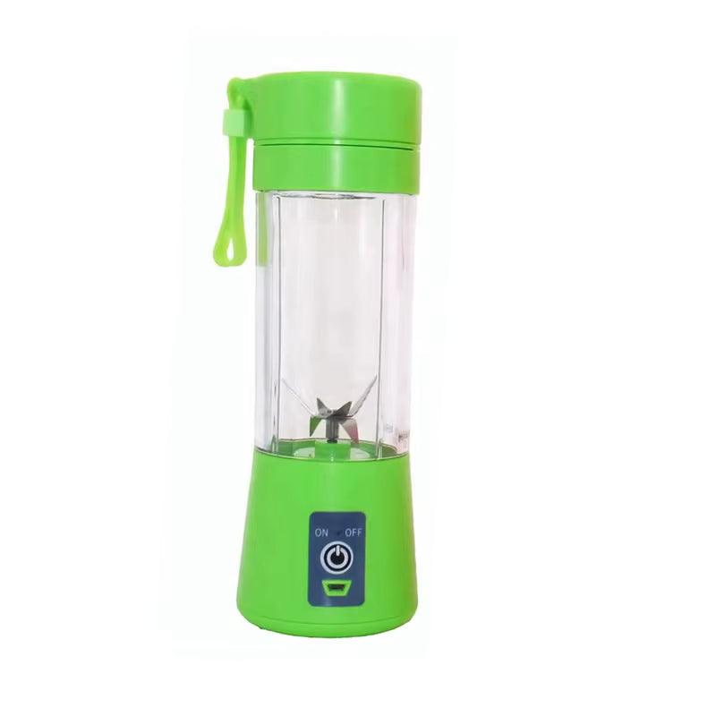 Green portable blender with clear container on a white background