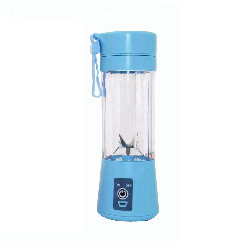 Blue portable blender with clear container on a white background