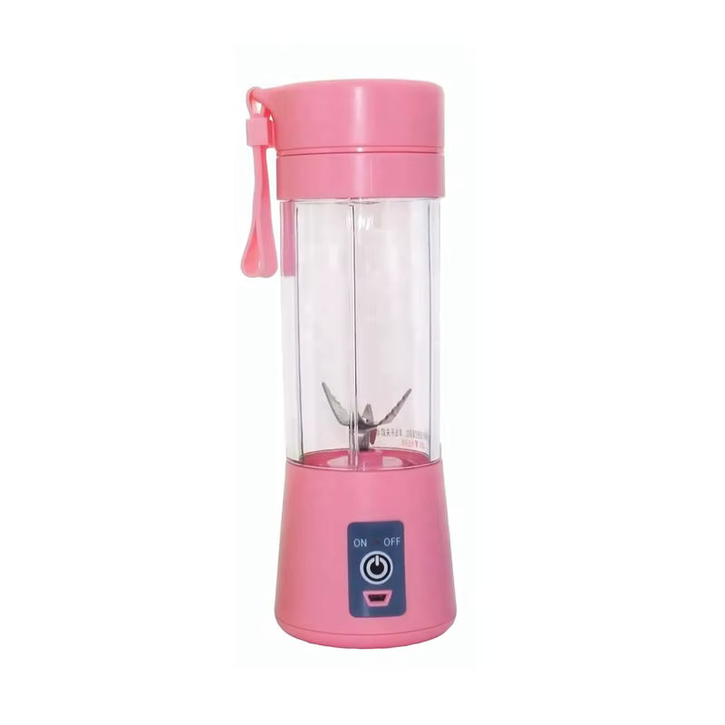 Pink portable blender with clear container on a white background.