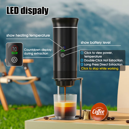 Coffee maker with LED display and brewing process outdoors