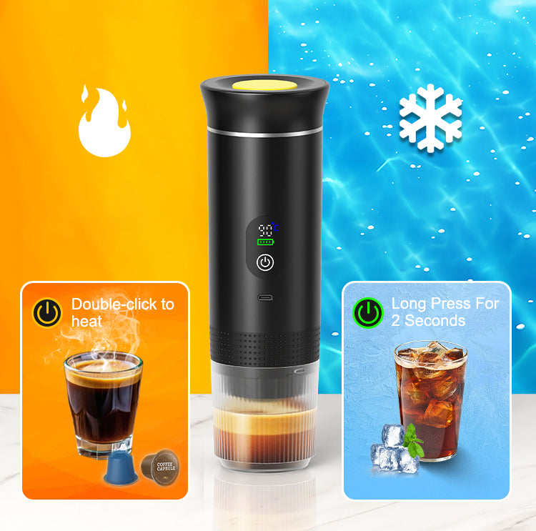 Portable self-heating espresso machine shown from the front

